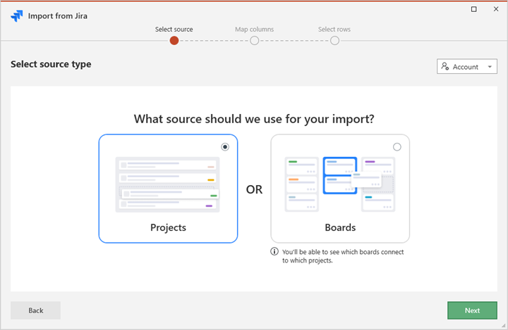 Office Timeline import wizard showing option to select the Jira projects to import