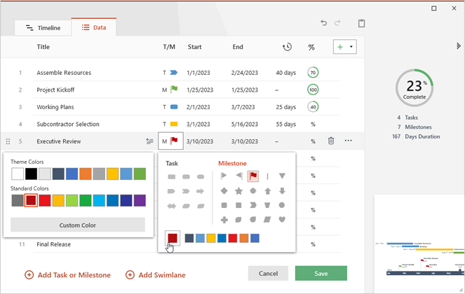 data-view-add-tasks-milestones-change-shape-color