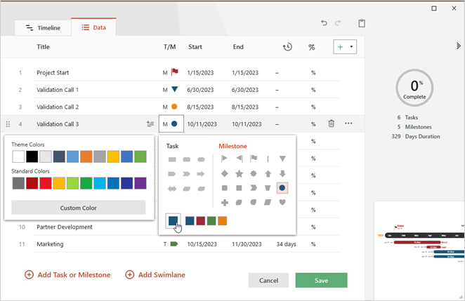 data-view-add-tasks-milestones-change-shapes-colors