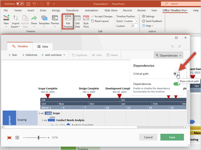 show-the-critical-path-office-timeline